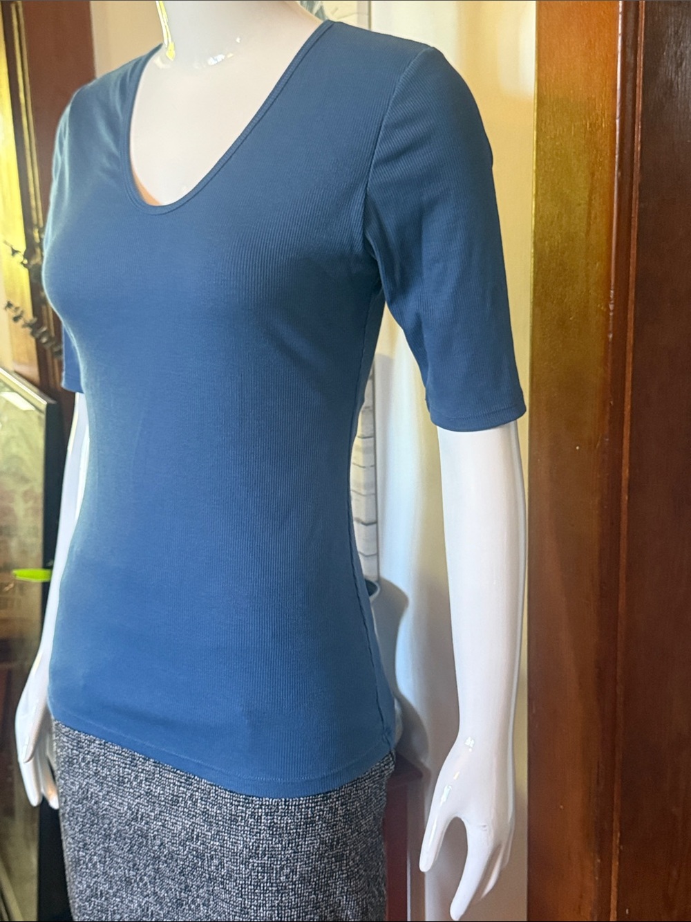 Klassey Networks size L Women's Short Sleeve VNeck Top in Teal Blue build in top